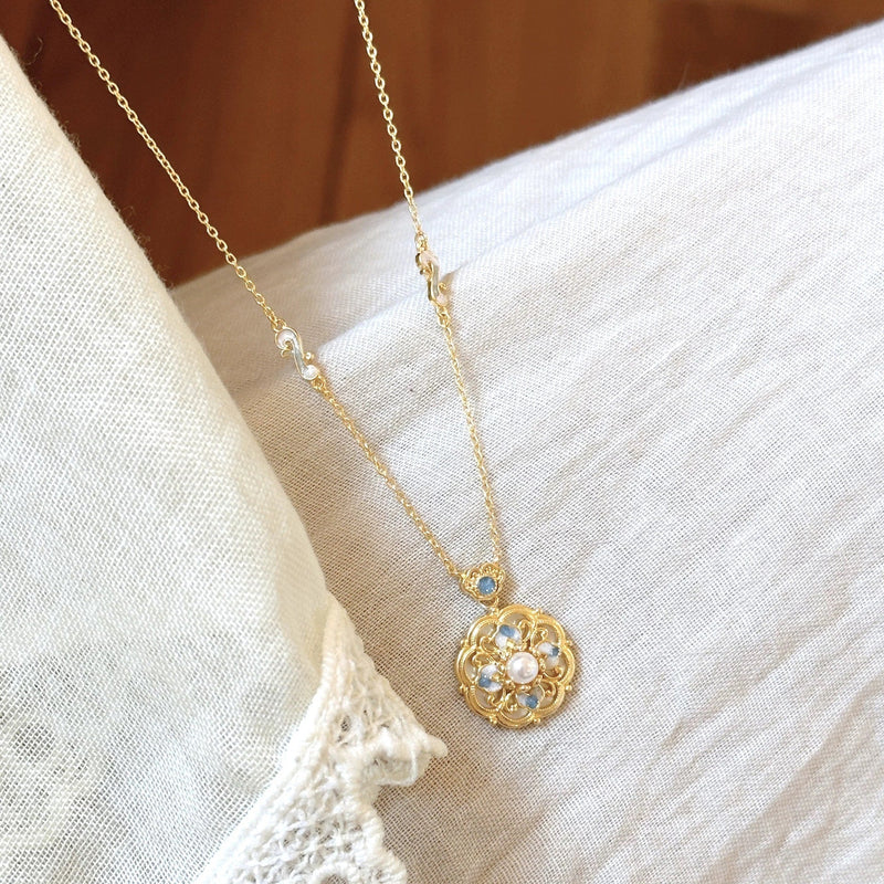 Vintage Enamel Floral Pearl Necklace