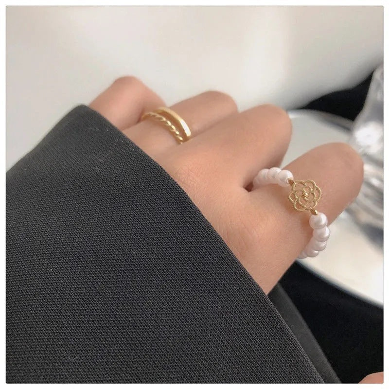 Geometric Pearl & Gold Ring Set