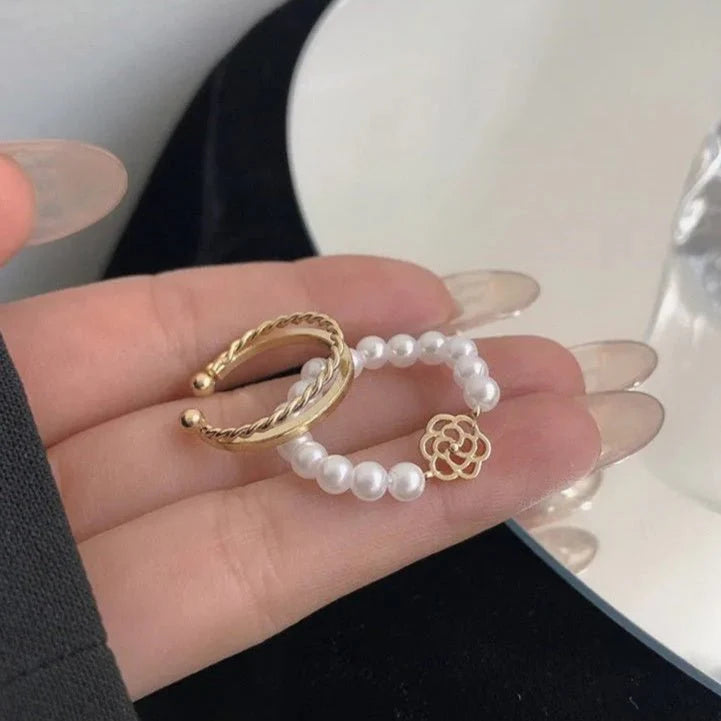 Geometric Pearl & Gold Ring Set