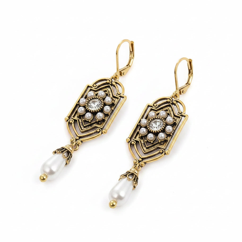 Vintage Victorian Pearl & Crystal Drop Earrings