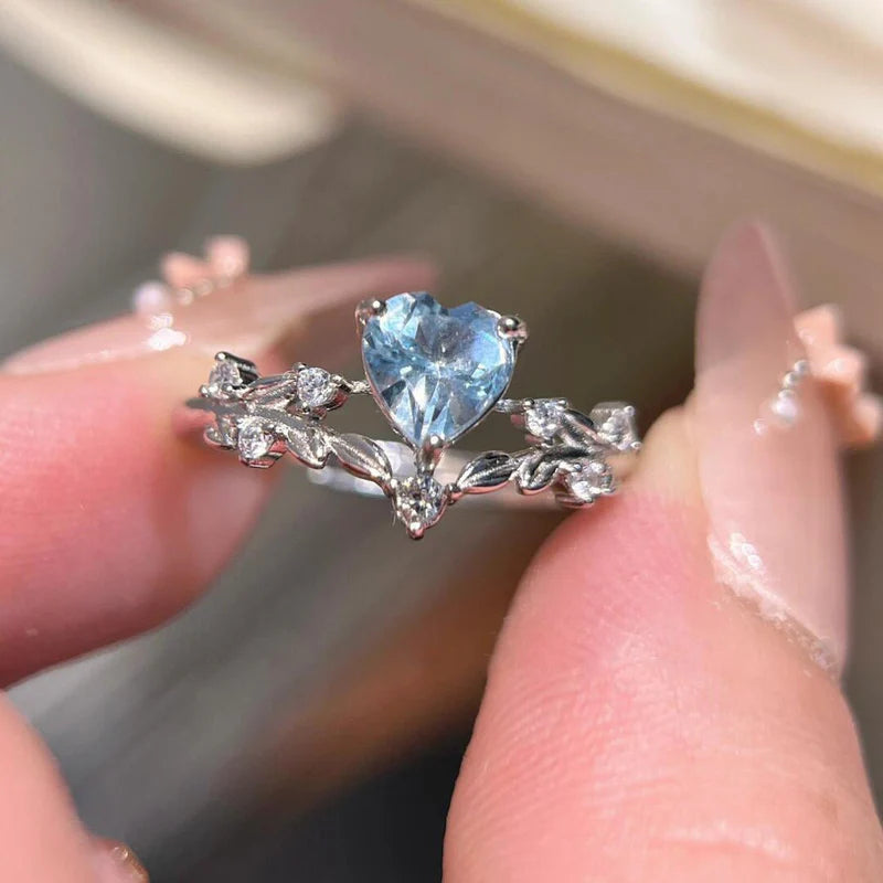 Aquamarine Heart Leaf Ring