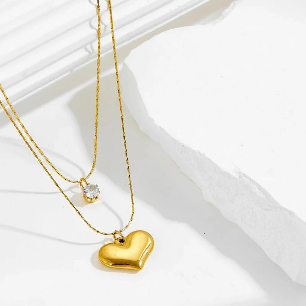 Layered Heart & Solitaire Necklace