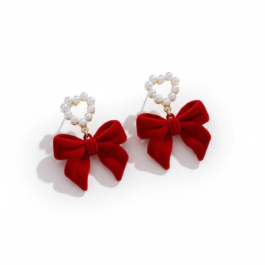 Red Flocked Bow Heart Earrings