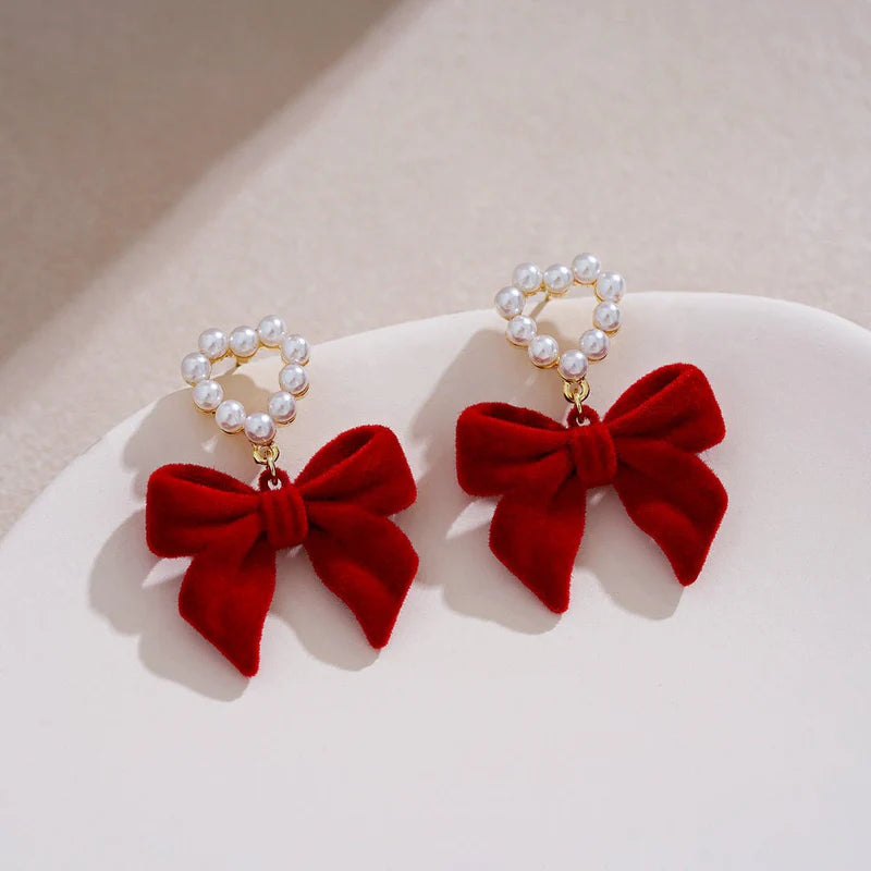 Red Flocked Bow Heart Earrings