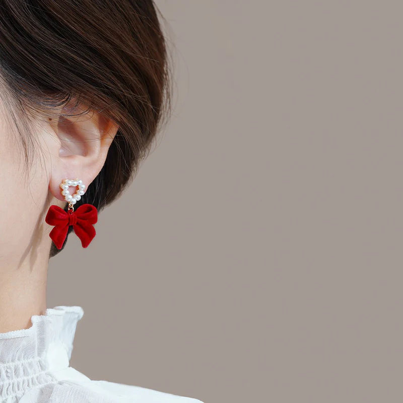 Red Flocked Bow Heart Earrings