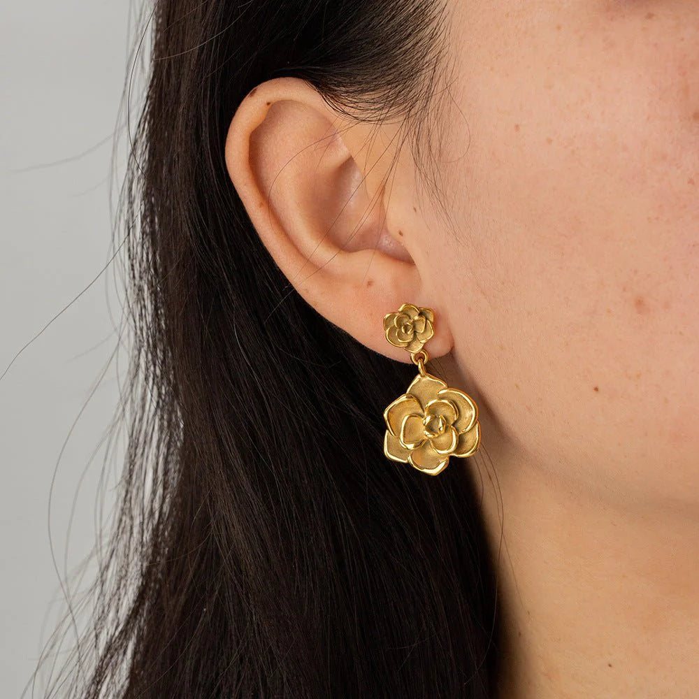 Golden Camellia Drop Earrings