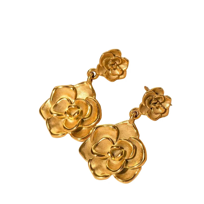 Golden Camellia Drop Earrings