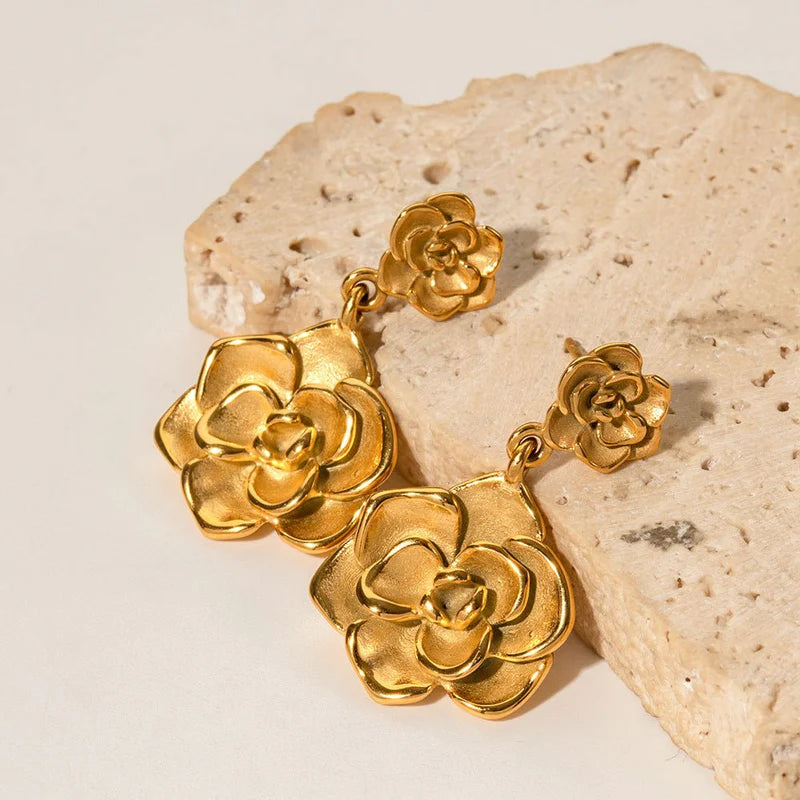 Golden Camellia Drop Earrings