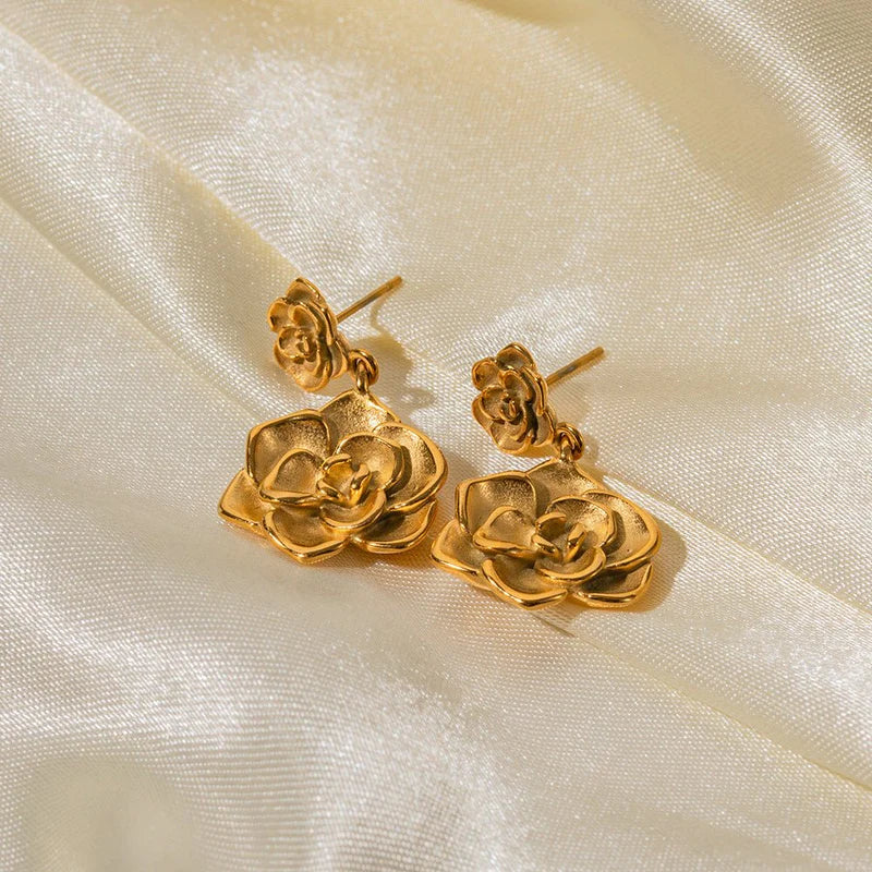 Golden Camellia Drop Earrings